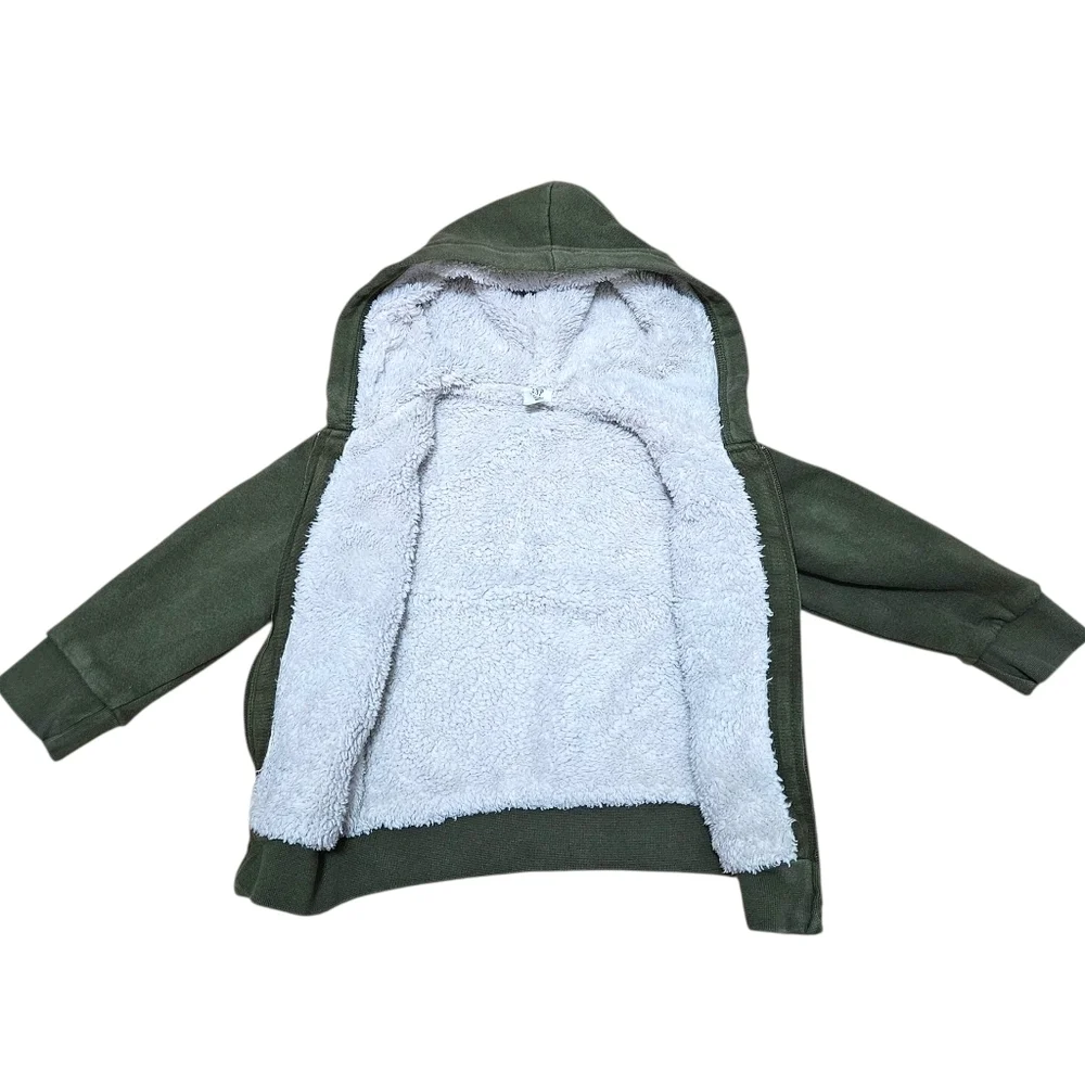 Baby GAP Toddler Boys Cozy Logo Zip Hoodie Army Green Sherpa Lined 3T FA18